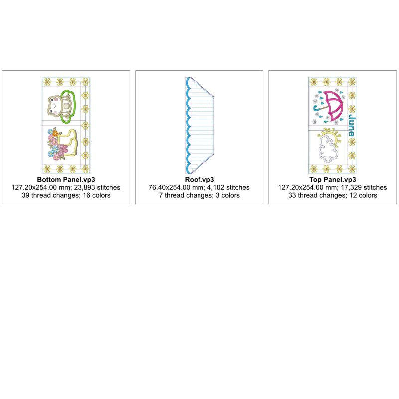 Designs with size and stitch count details in this design set