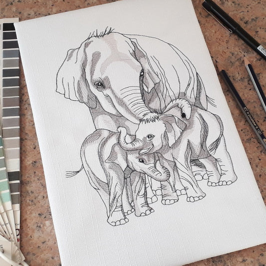 EW219  Pencil Sketch Elephants