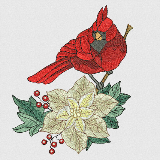 EW336  Winter Cardinal with white poinsettia