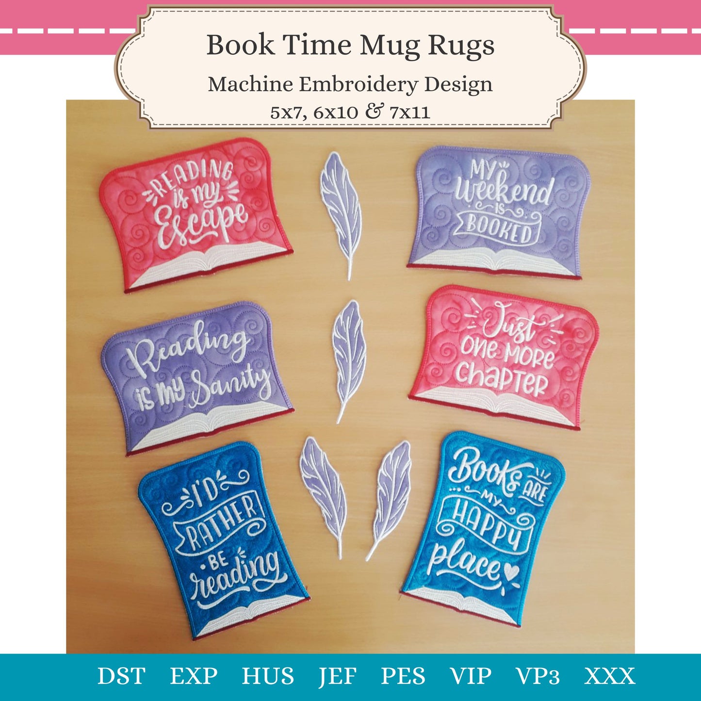 EWV329 - ITH Book Time Mug Rugs & Feather Bookmark